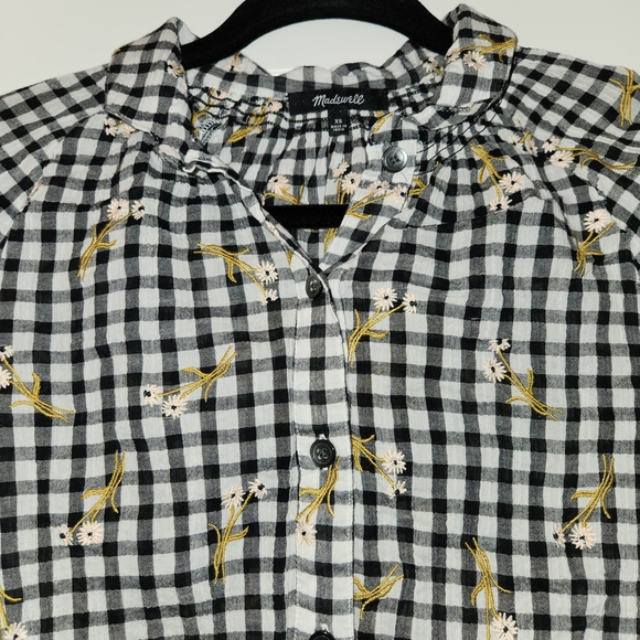 Madewell Black/White Gingham Embroidered 3/4 Sleeve Top Size XS Textured Flowers - Picture 4 of 11